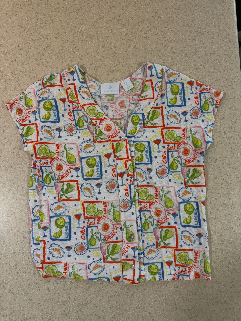 Cynthia Rowley Whimsical Lemon & Cocktail Print Button-Up Top size S